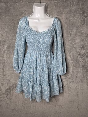 B. DARLIN Blue Floral Smocked Mini Dress Cottagecore Babydoll Size 1/2